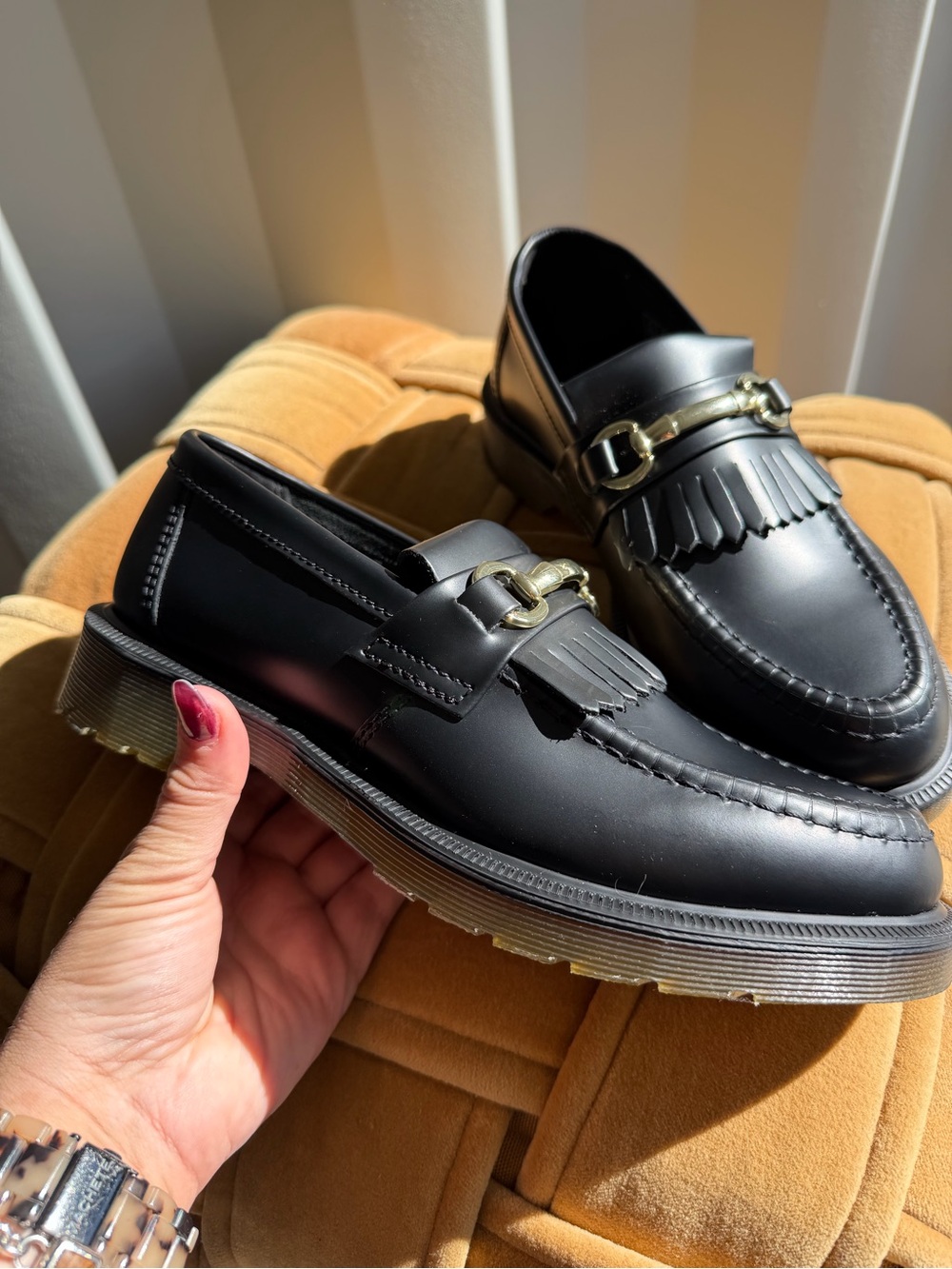 Dr. Martens Adrian Snaffle Black Leather Kiltie Loafers Gold Hardware 8 NWOT
